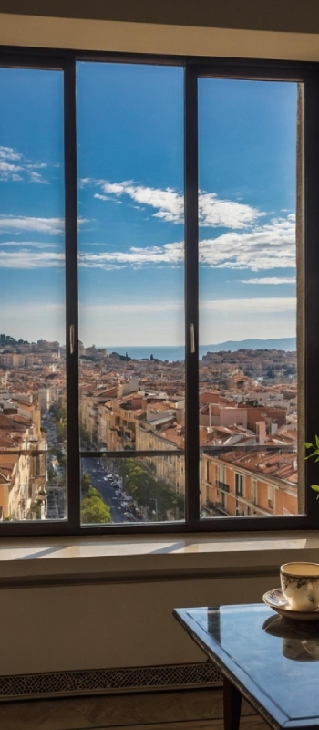 Fenêtre aluminium panoramique avec vue sur la ville